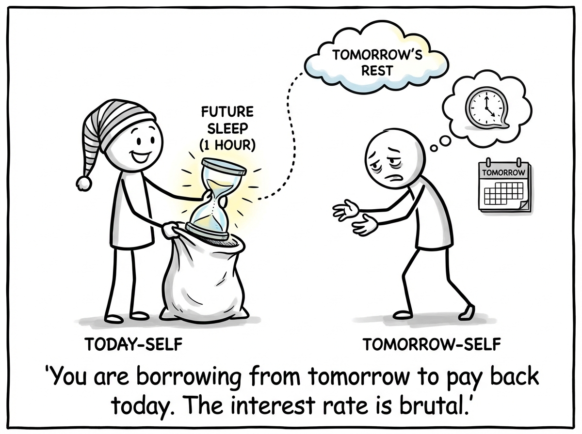 A split image: on the left, the stick figure at 2 AM holding a bag of stolen time labeled 'TODAY'S PAYBACK.' On the right, tomorrow-morning version of the same figure -- alarm going off at 6 AM, dark circles under their eyes, barely standing, holding an IOU note that reads 'Borrowed: 4 hours of sleep. Interest: your entire will to live.' An arrow connects the two figures.