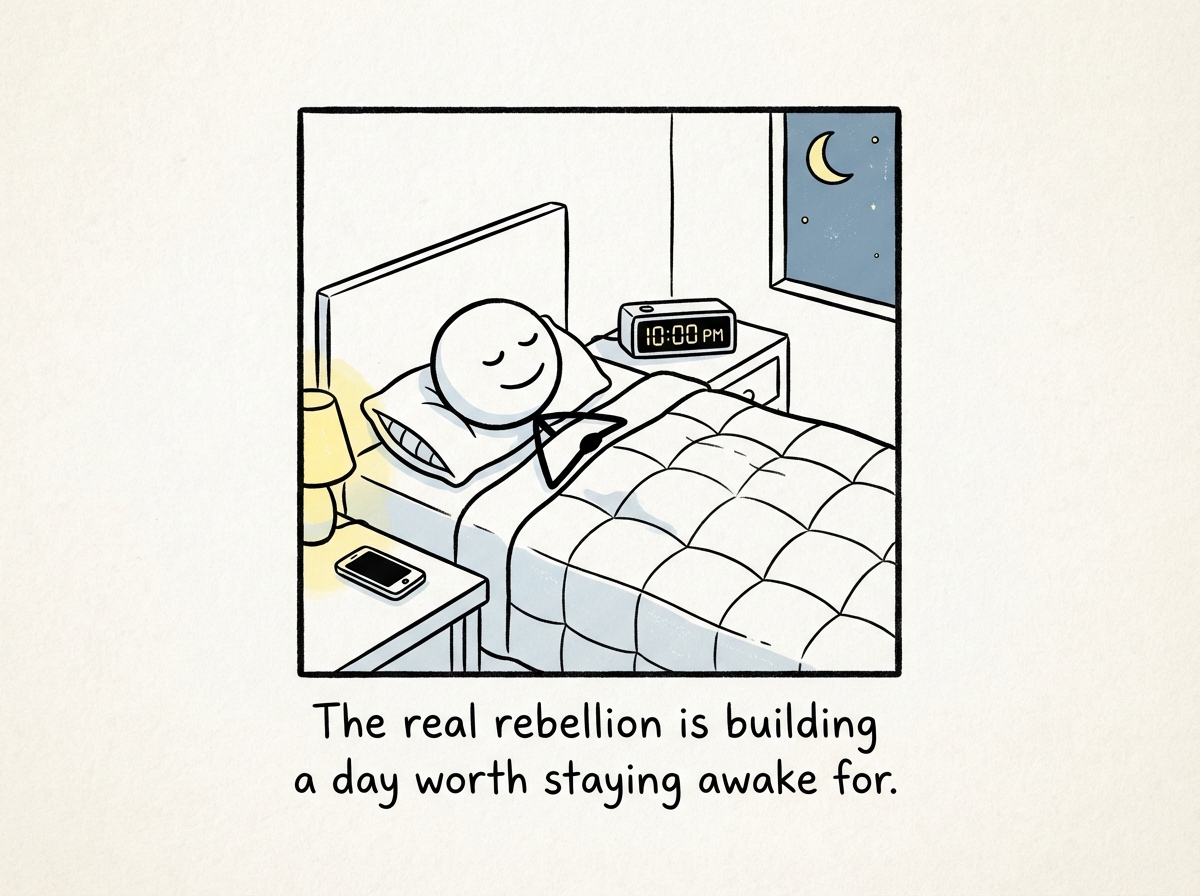 A stick figure looking at their weekly schedule with blocks of time marked 'FOR ME' during the daytime -- reading, walking, sitting quietly. The nighttime hours are dark and restful. The figure looks relieved.