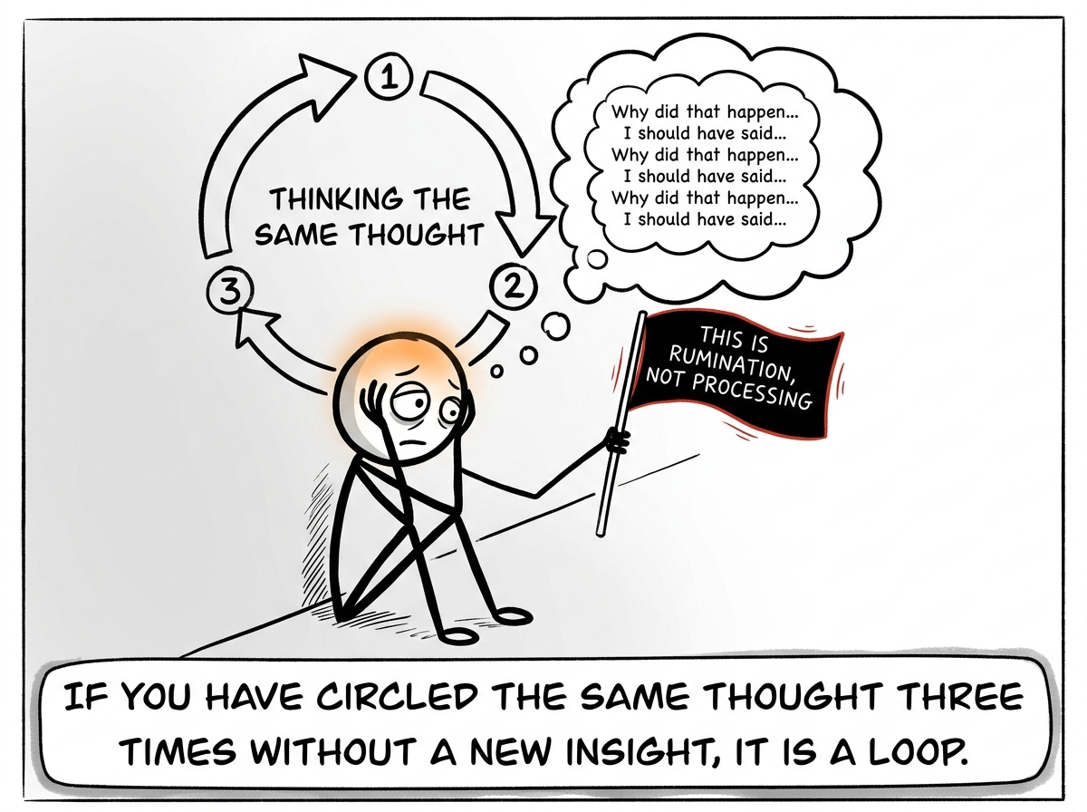 A stick figure caught in the replay loop, noticing they have been thinking the same thought for the third time and flagging it: 'This is rumination, not processing'