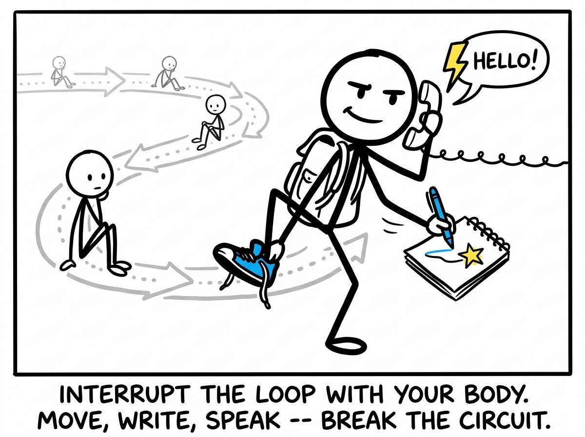 The stick figure physically standing up and interrupting the loop -- putting on shoes, picking up a pen, or calling a friend