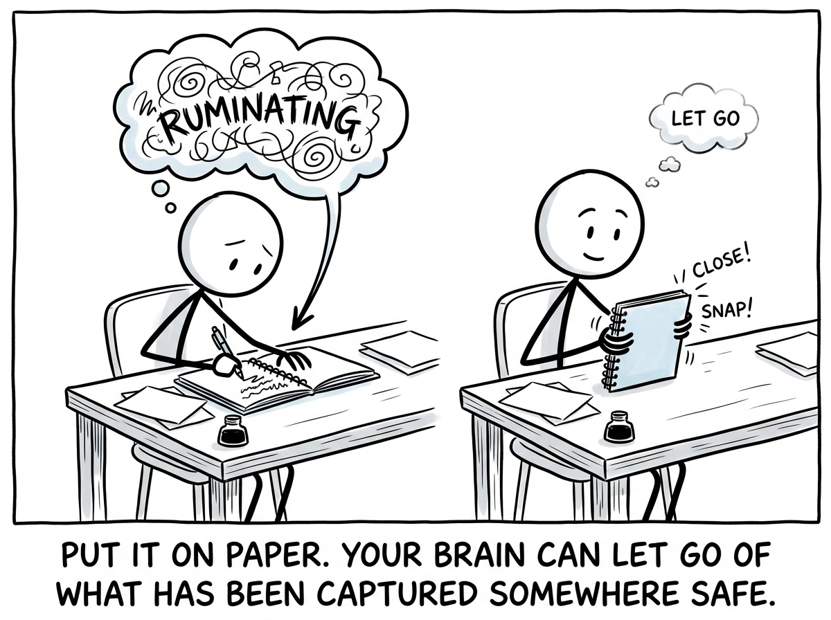 The stick figure writing the ruminating thought down on paper and closing the notebook, externalizing it instead of recycling it internally