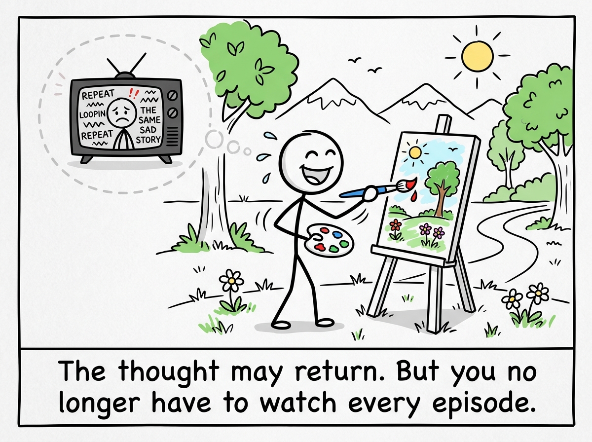 The stick figure engaged in a present-moment activity, with the old thought still faintly visible but no longer looping on the main screen