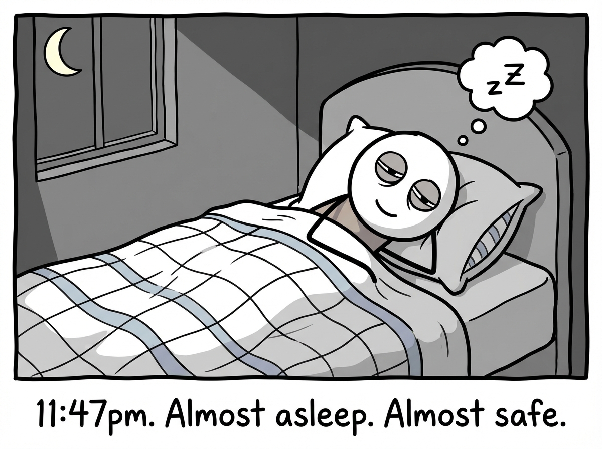 A stick figure peacefully drifting off to sleep, eyes closing, blanket pulled up. Everything is calm