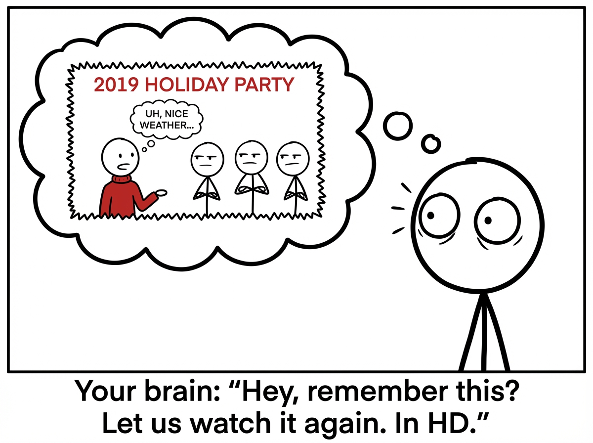 The stick figure's eyes snap open as a movie screen descends from the ceiling of their brain, playing a vivid scene labeled '2019 Holiday Party' showing them saying something awkward to a group of unimpressed people