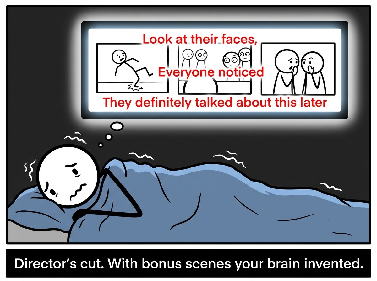 The stick figure cringing under the covers, physically recoiling, while the brain screen replays the moment from multiple angles with added commentary: 'Look at their faces,' 'Everyone noticed,' 'They definitely talked about this later'