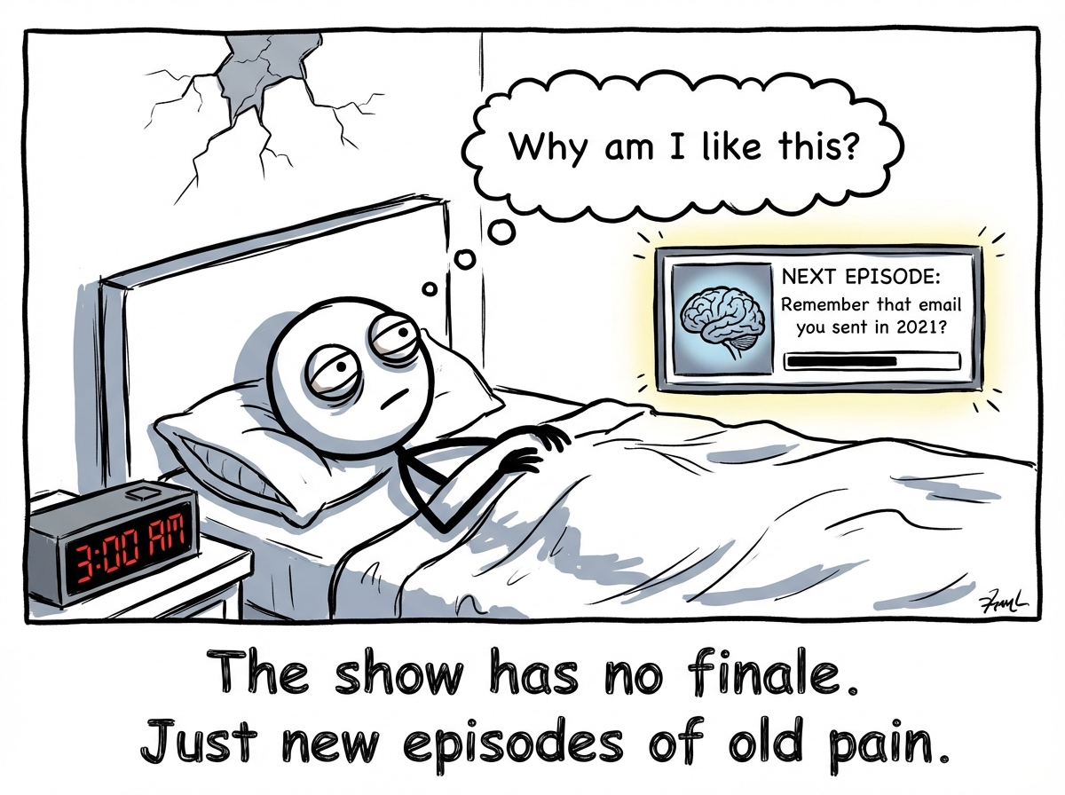The stick figure wide awake at 3am, staring at the ceiling, exhausted but unable to stop the loop. A thought bubble reads 'Why am I like this?' while the brain screen is loading the next episode: 'Remember that email you sent in 2021?'