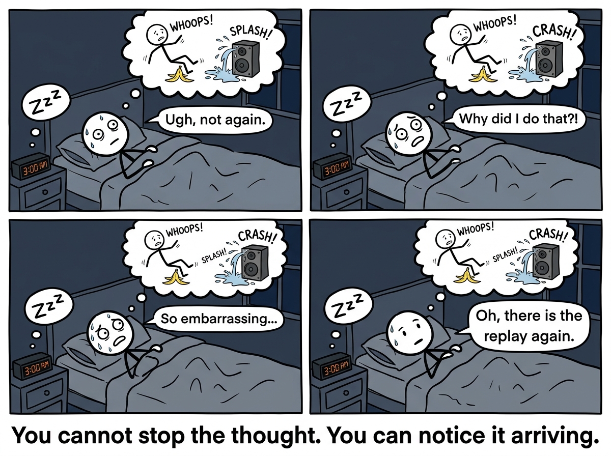 A stick figure lying in bed at 3am as the embarrassing memory starts playing again, but this time they notice it and say 'Oh, there is the replay again'