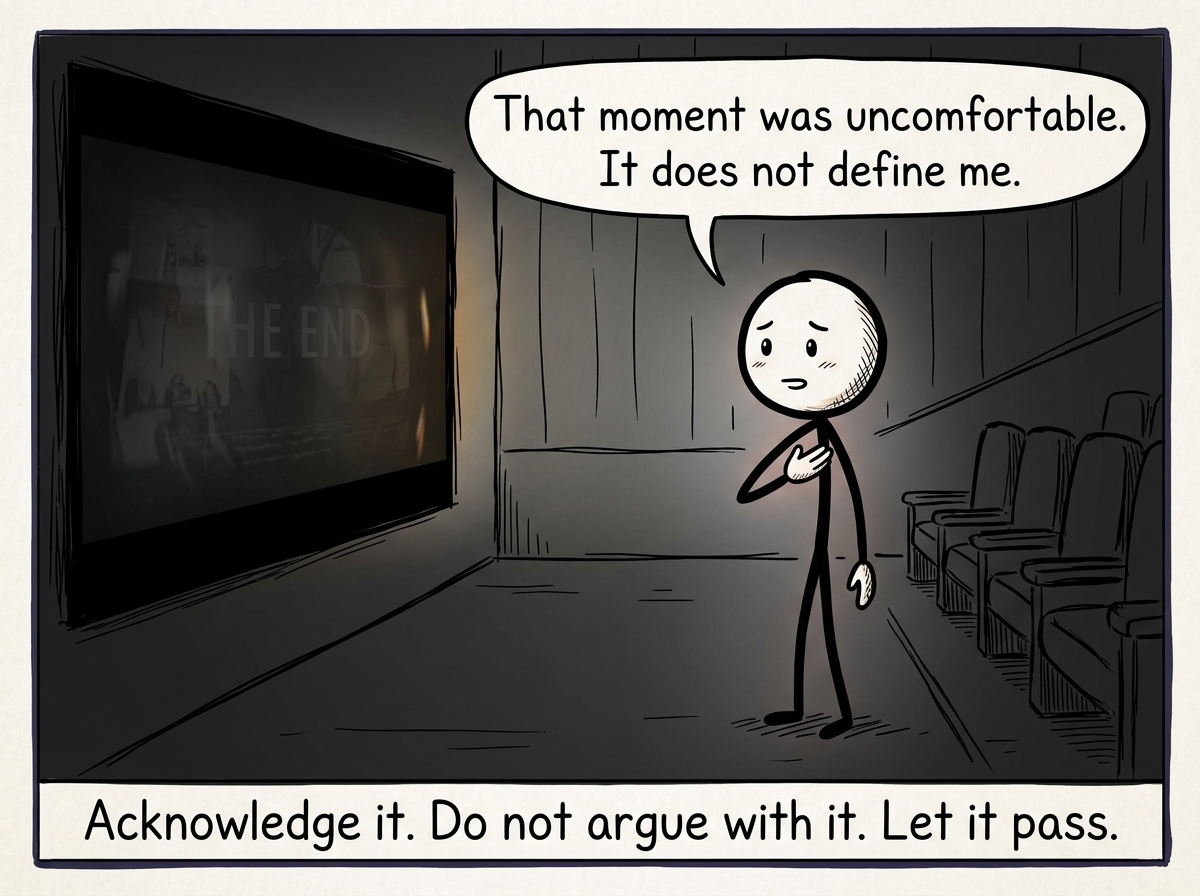 The stick figure gently placing a hand on their chest and saying 'That moment was uncomfortable. It does not define me.' The movie screen flickers and dims slightly