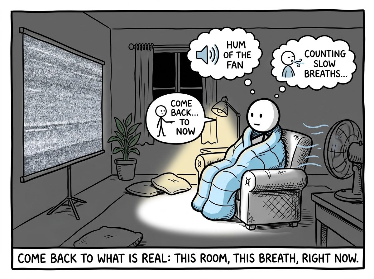 The stick figure redirecting attention to the present -- feeling the weight of the blanket, listening to the hum of the fan, counting slow breaths. The movie screen fades to static