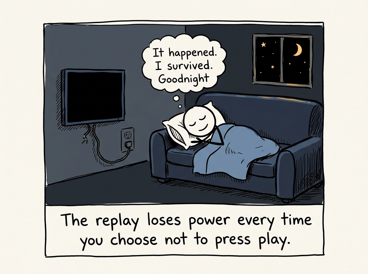 The stick figure drifting off to sleep, the movie screen now dark and unplugged in the corner. A small thought bubble reads 'It happened. I survived. Goodnight'