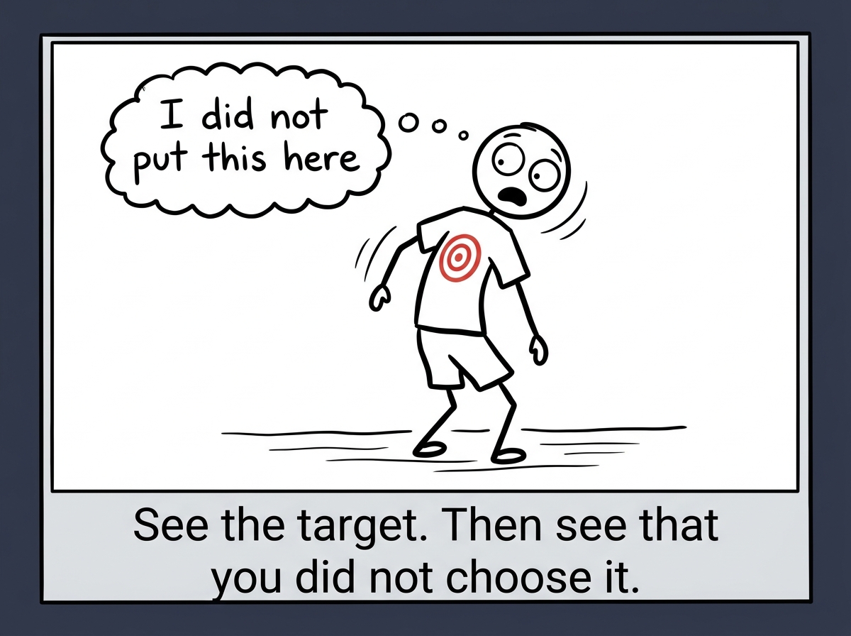 A stick figure looking at the target on their back for the first time, with a thought bubble reading 'I did not put this here'