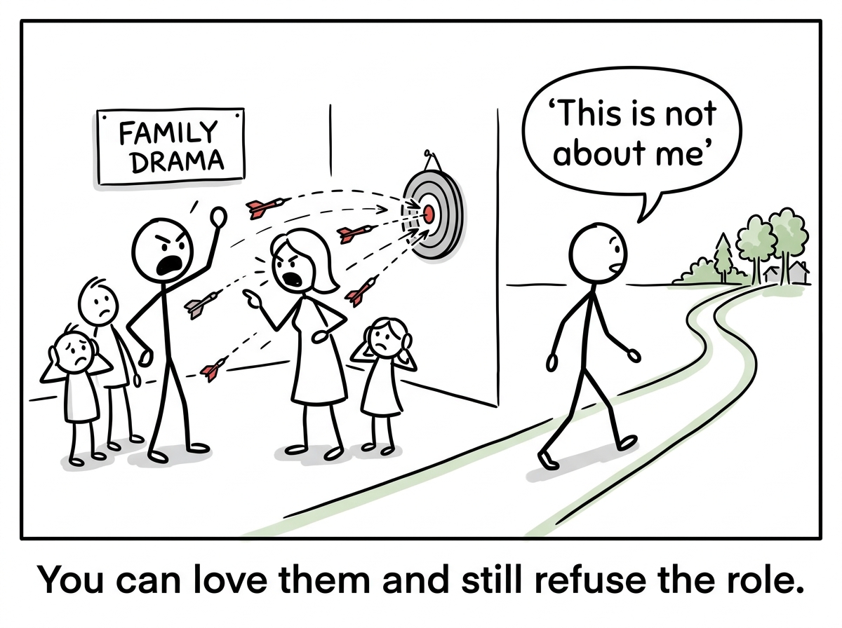 The stick figure walking away from a family scene where darts are still being thrown, choosing distance and saying 'This is not about me'