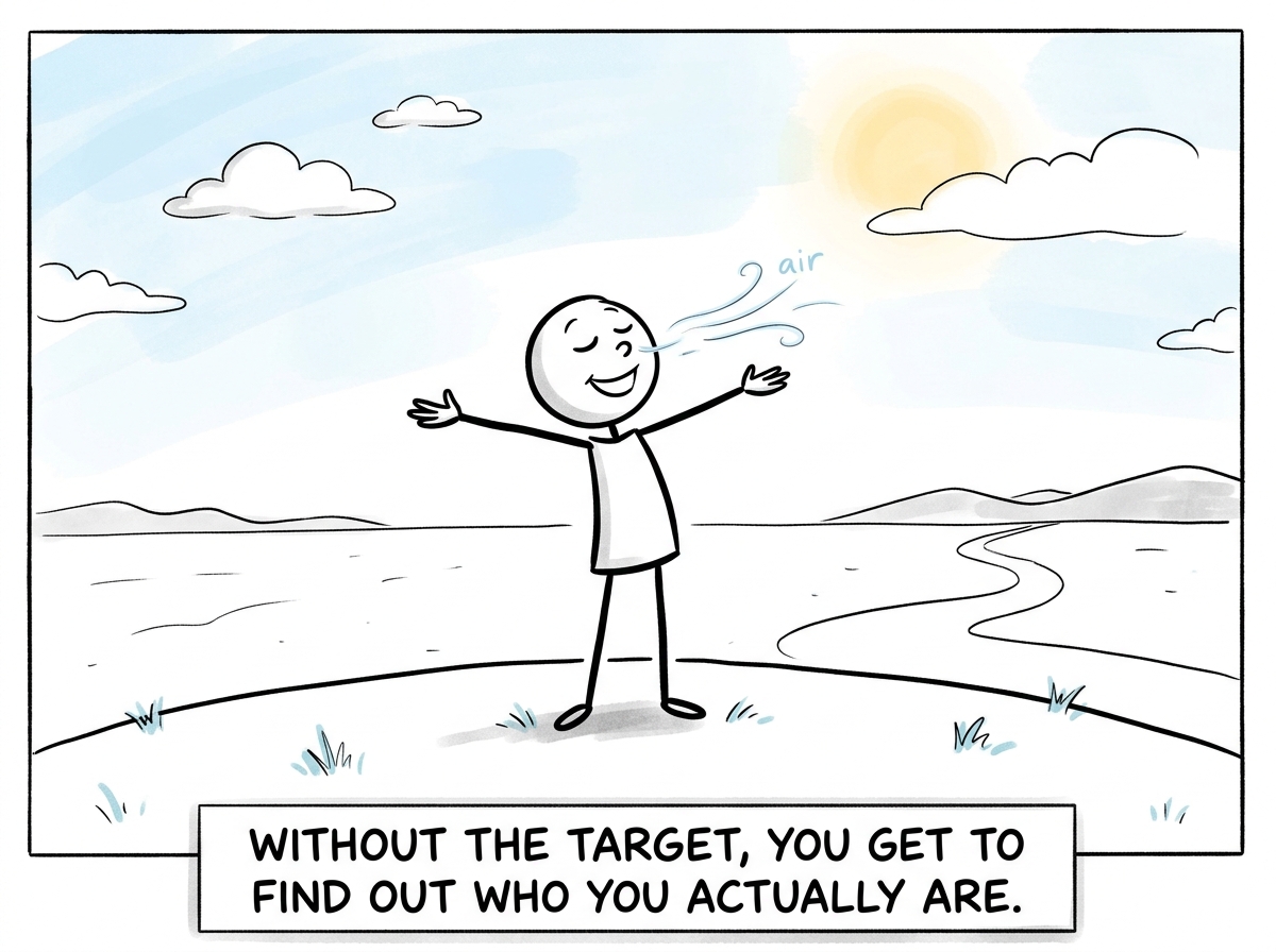 The stick figure standing in open space, no target on their back, breathing freely for the first time