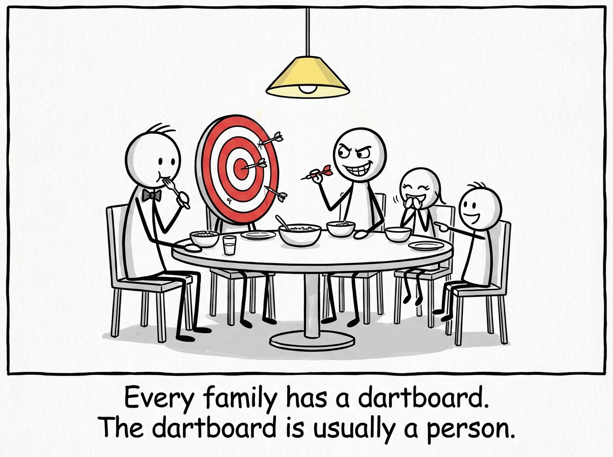 A stick figure family sitting at a dinner table, one member with a large bullseye target on their back, unaware