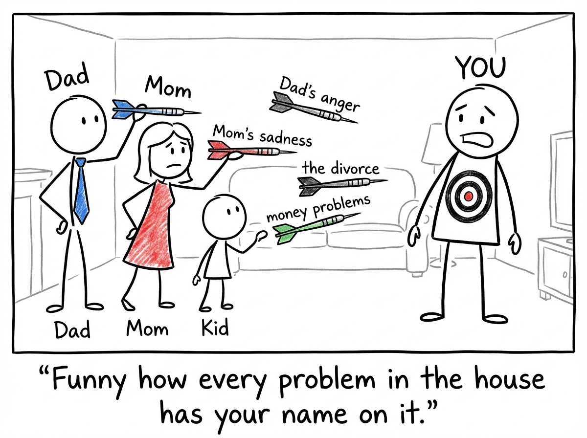 Family members throwing darts labeled 'Dad's anger,' 'Mom's sadness,' 'the divorce,' and 'money problems' at the targeted figure