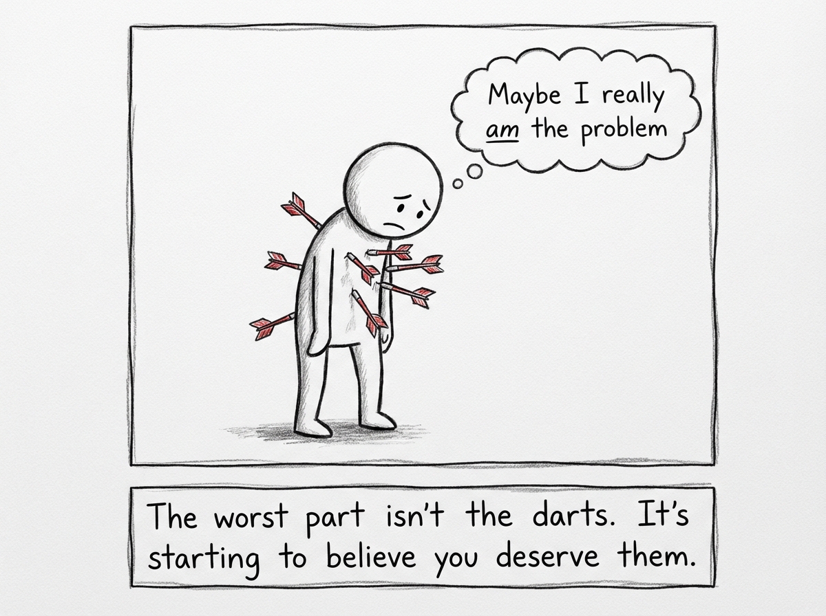 The targeted stick figure covered in darts, looking down at themselves, thinking 'Maybe I really am the problem'