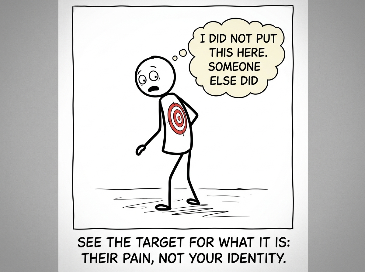 A stick figure looking over their shoulder, finally seeing the target on their back, and thinking 'I did not put this here. Someone else did'