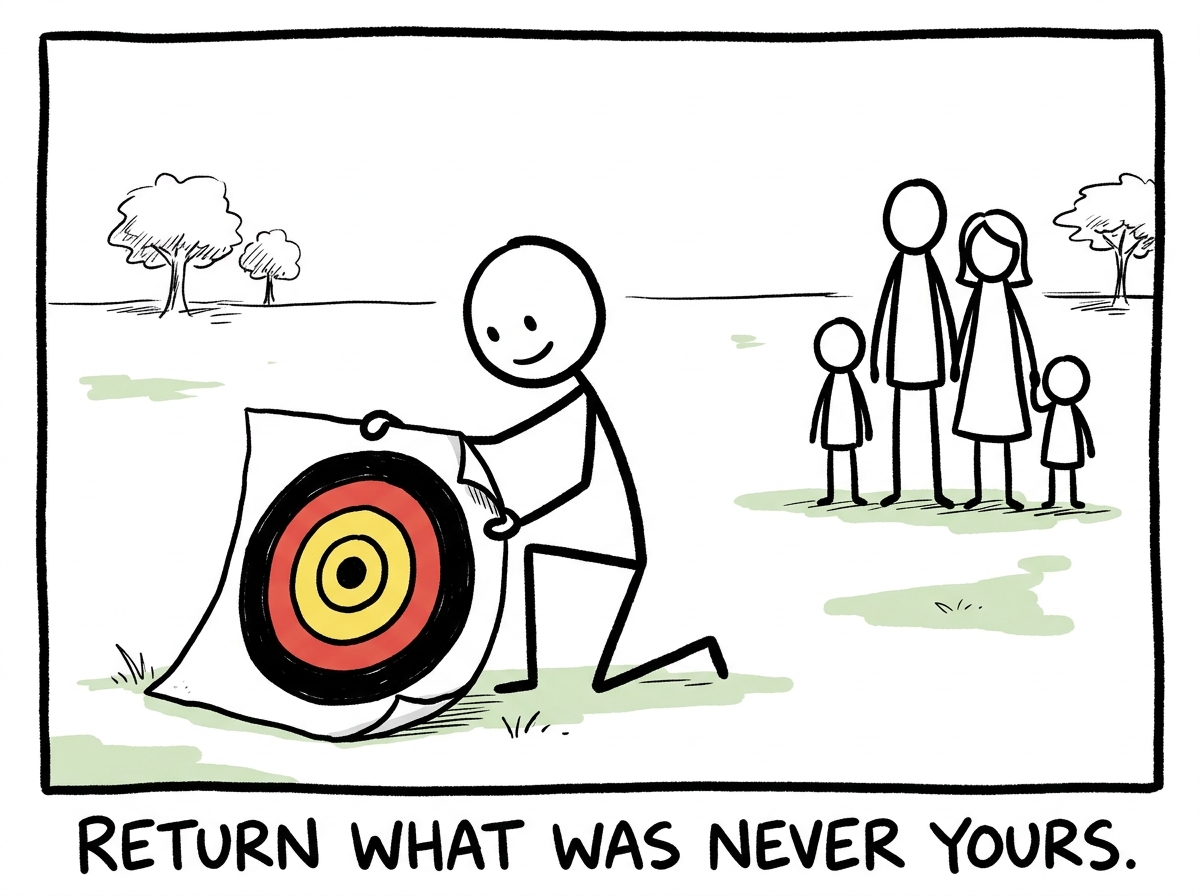 The stick figure carefully peeling the bullseye off and setting it on the ground between them and the family