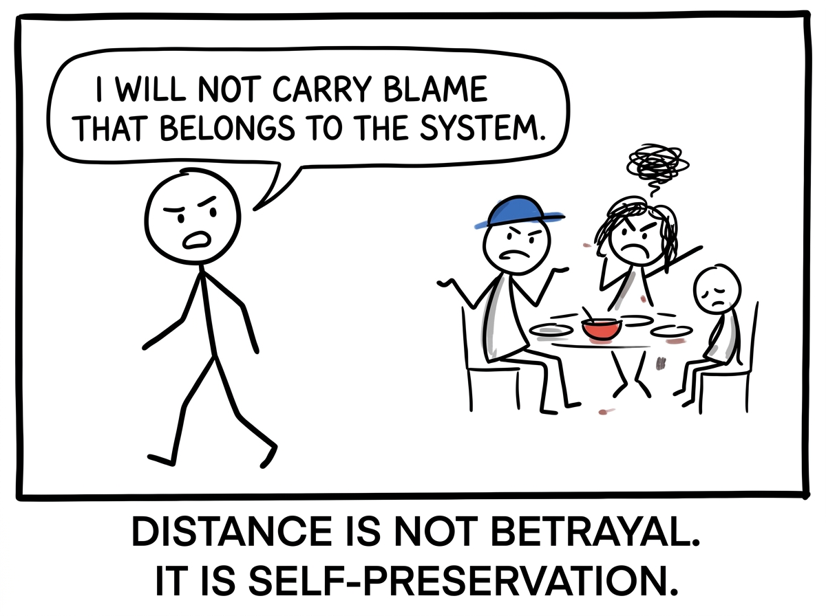 The stick figure stepping back from the family scene, saying 'I will not carry blame that belongs to the system'