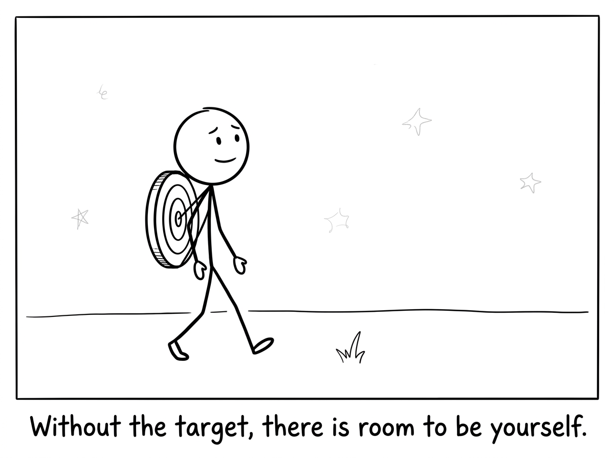 The stick figure walking in open space, no target on their back, discovering who they are without the role