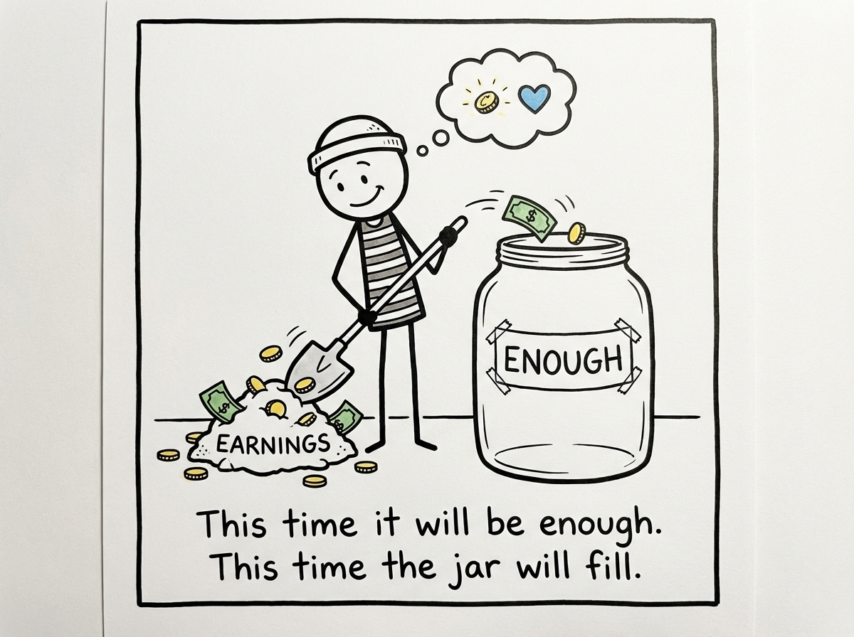 A stick figure proudly holding a paycheck and pouring coins and bills into a large glass jar with a handwritten label that reads 'ENOUGH.' The figure is smiling with hopeful eyes, expecting the jar to fill up. The jar is almost empty despite the money going in.