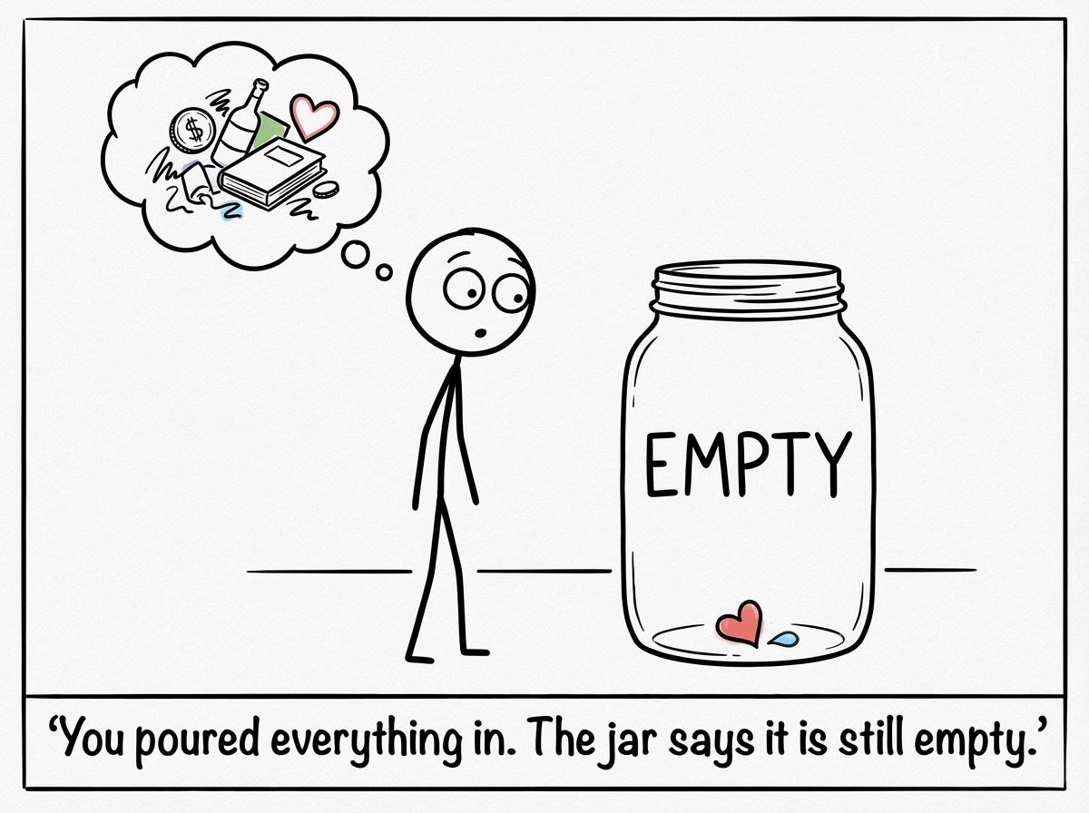 The stick figure staring in confusion at the jar, which is still nearly empty despite a visible pile of money having been poured in. The figure scratches their head. A dotted line shows where the money level should be, but the jar looks perpetually half-empty. A thought bubble reads 'Where does it all go?'