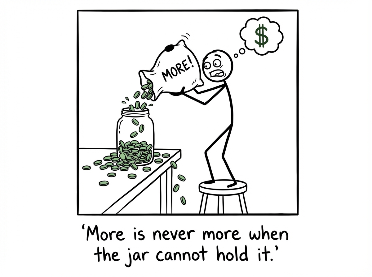 The stick figure now earning even more -- multiple paychecks, a promotion certificate on the wall, stacks of bills being frantically poured into the jar. But the jar looks exactly the same: nearly empty. The figure's expression has shifted from hopeful to exhausted and panicked, pouring faster and faster.