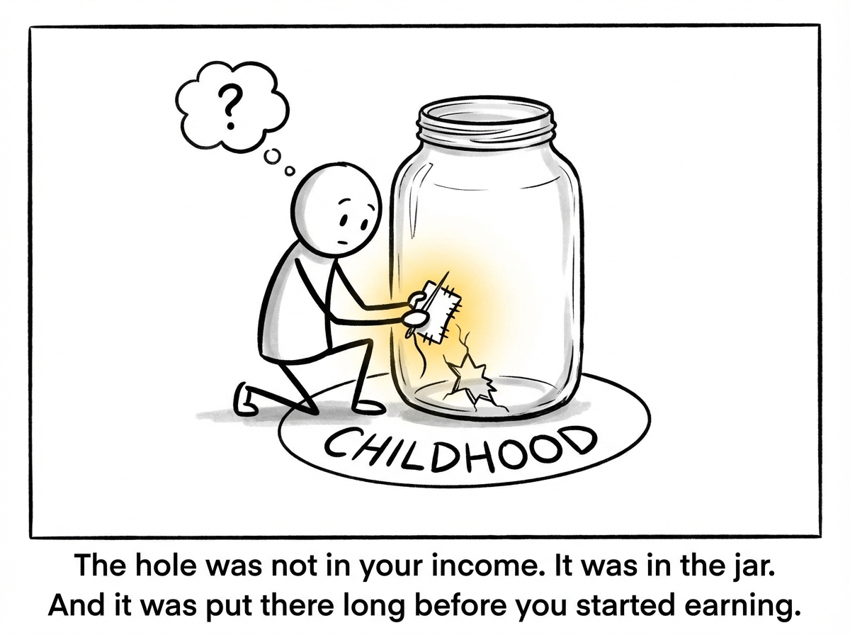 The stick figure finally kneeling down and looking at the bottom of the jar, where a hole is clearly visible with money leaking out. The hole has a small label that reads 'Childhood.' The figure holds a patch and some glue, looking at the hole with a mix of sadness and understanding. A few tears fall but the expression is one of recognition, not defeat.