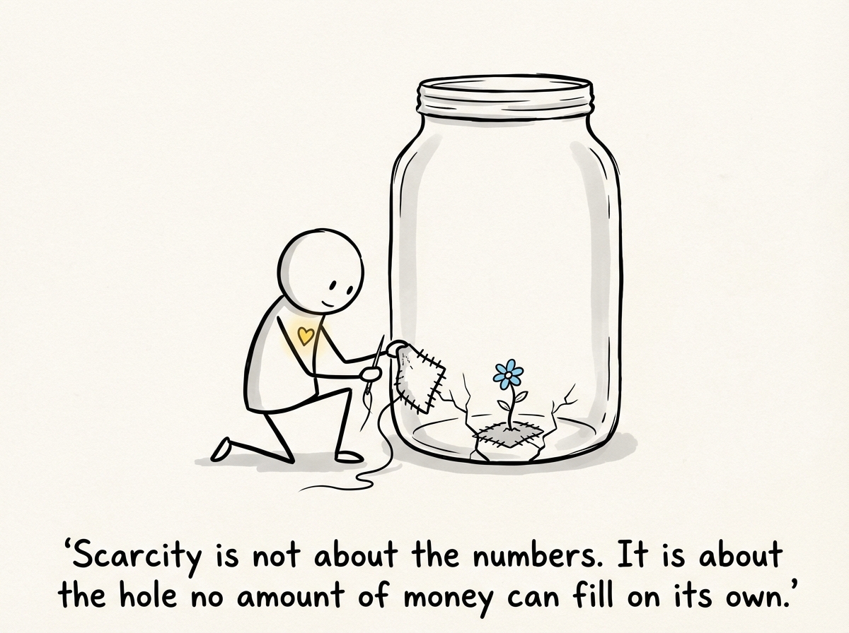 A stick figure gently patching the bottom of the jar with a bandage labeled 'Healing,' while a small amount of money finally begins to accumulate inside. The figure looks calm and patient.