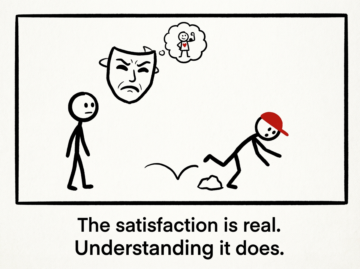 A stick figure watching someone trip and feeling a brief spark of satisfaction. A thought bubble shows a tiny version of themselves doing a fist pump while their conscious face pretends concern