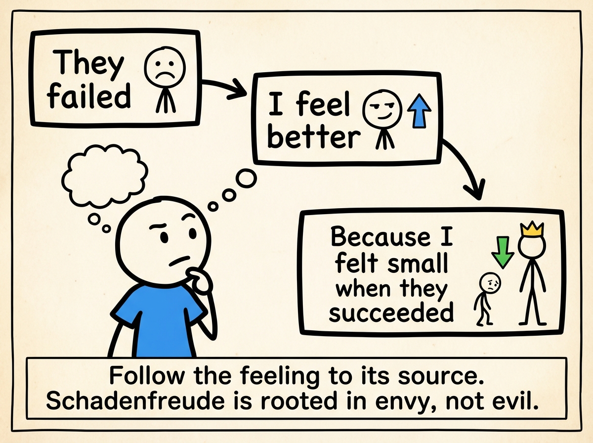A stick figure tracing the schadenfreude feeling back to its source: an arrow leads from 'They failed' to 'I feel better' to 'Because I felt small when they succeeded.' The root is envy, not cruelty
