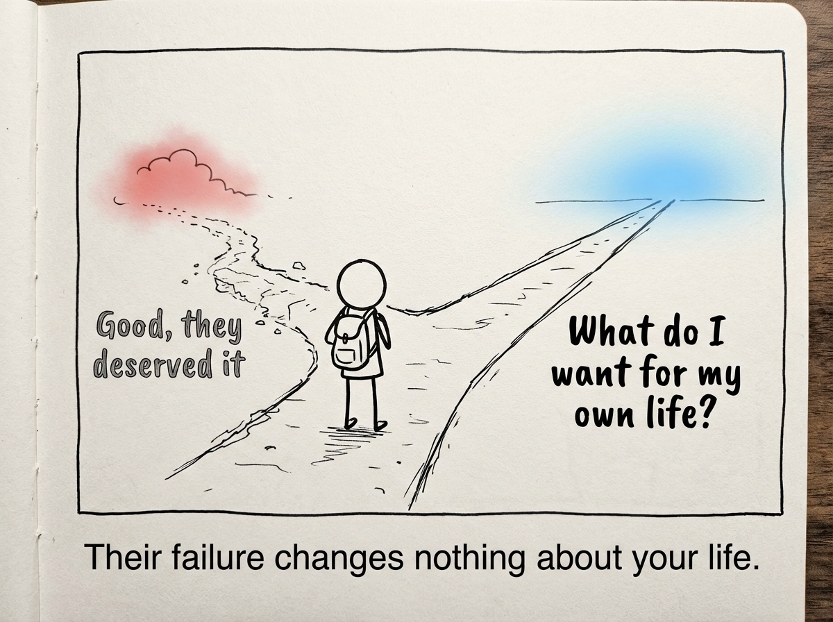 A stick figure choosing between two responses to someone's failure: 'Good, they deserved it' (which fades quickly) and 'What do I want for my own life?' (which leads somewhere real)