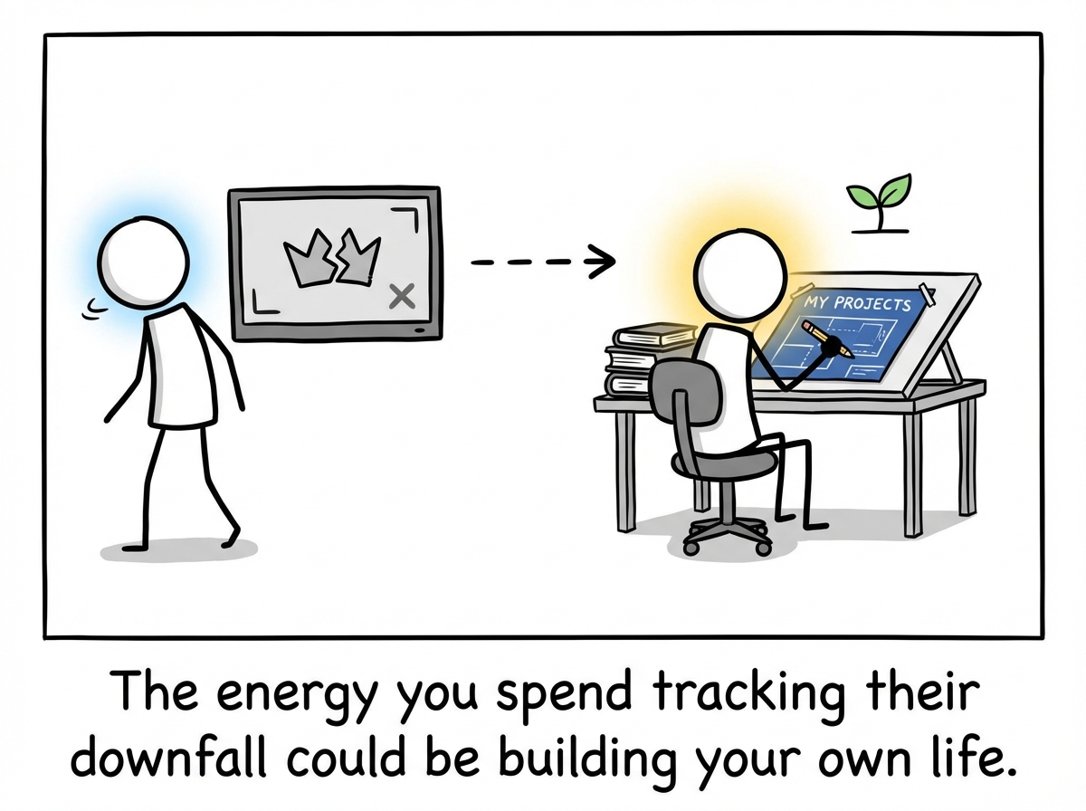 A stick figure redirecting the energy from watching others to working on their own life. The glow of schadenfreude is replaced by the quieter light of personal progress