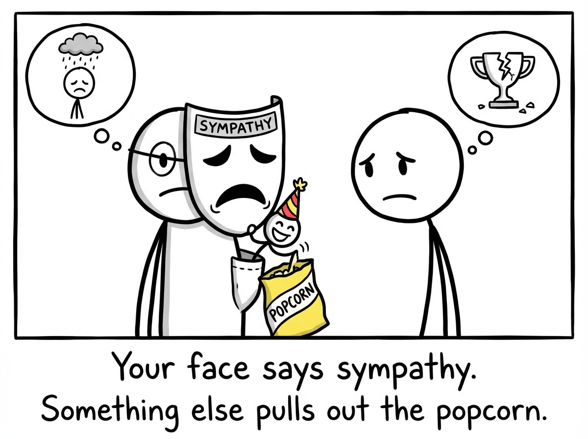 A stick figure hears that someone they envy is going through a difficult time. Their face arranges itself into concern. But behind the concerned mask, a small version of them pulls out a bag of popcorn and sits in a theater seat