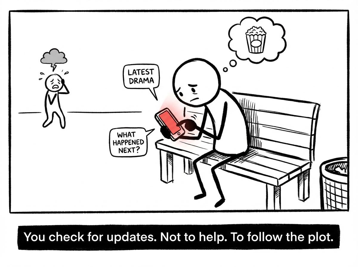 The stick figure checks their phone for updates on the situation -- not to offer help, but to follow the story. Each new development is another scene in the show. They are invested in the narrative, not the person