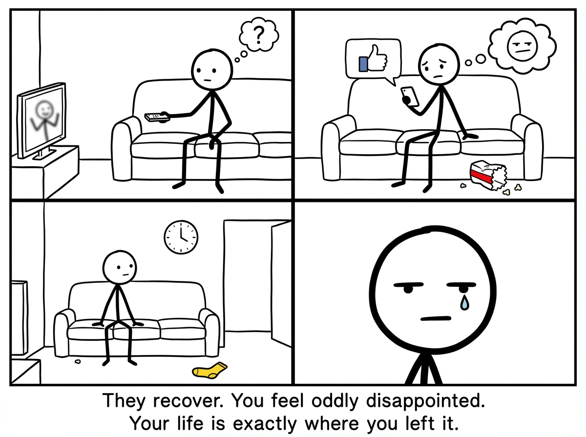 The show ends -- the person recovers and moves on. The stick figure feels a strange disappointment. The popcorn bag is empty. Their own life remains exactly where it was before the show started. Nothing was gained