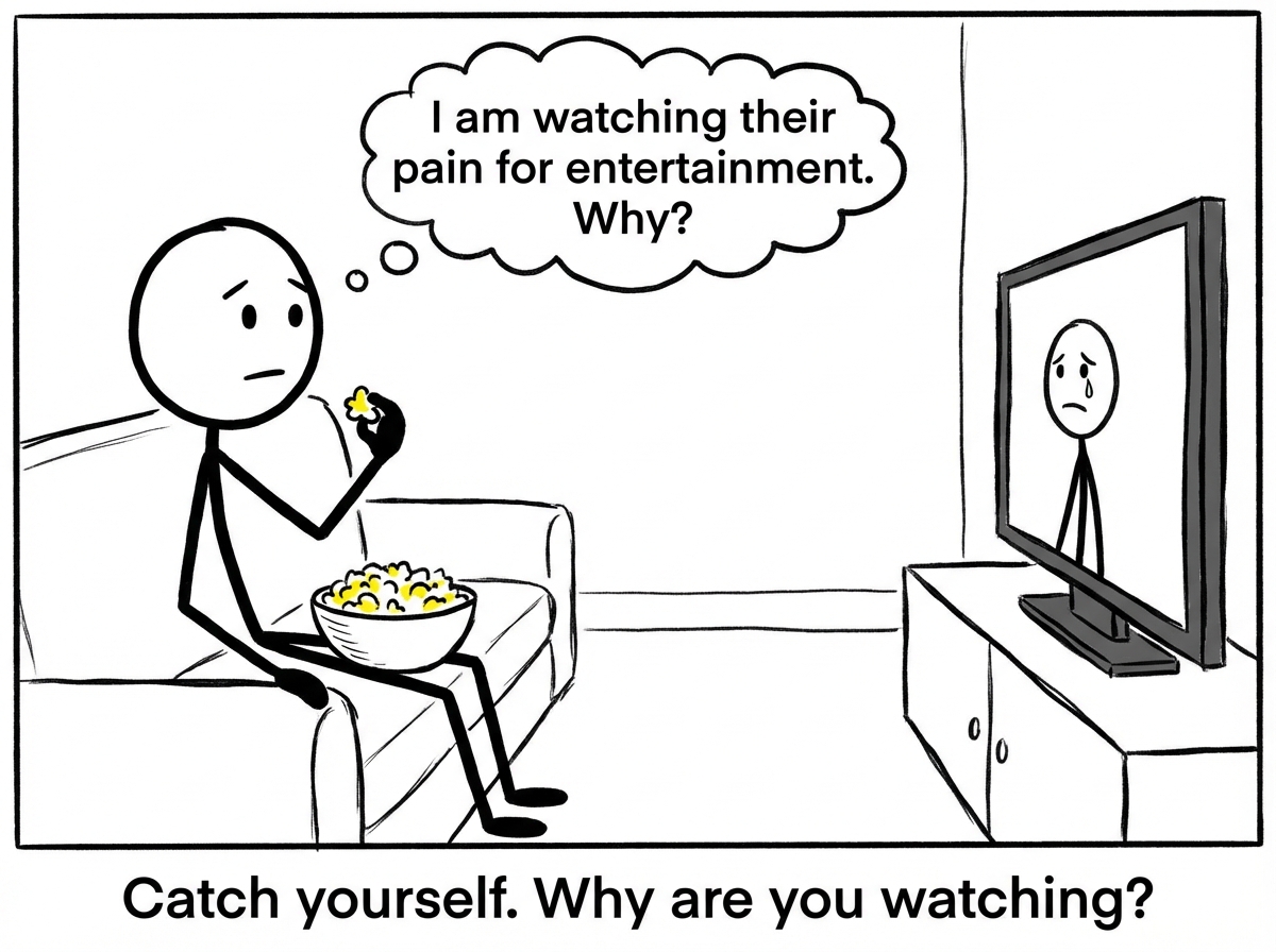 A stick figure catching themselves in the act: 'I am watching their pain for entertainment. Why?' The popcorn pauses mid-air. The honesty is uncomfortable