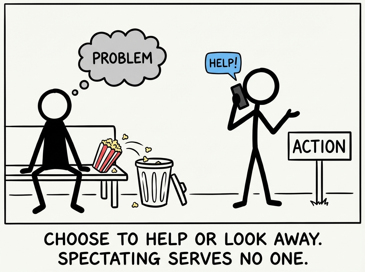 A stick figure choosing to actually help instead of spectate. Making a real call. Showing up. The popcorn is in the trash. The seat is empty