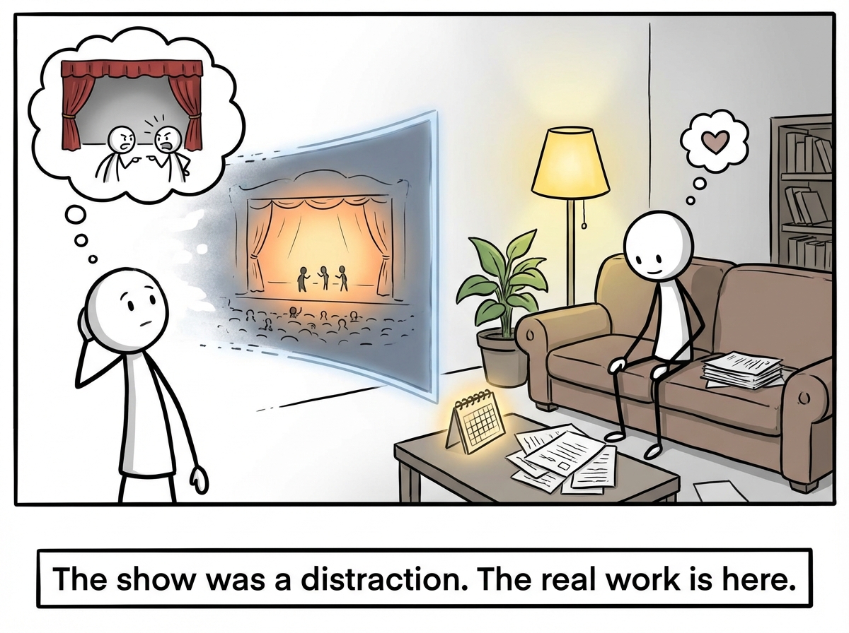A stick figure turning the attention from the show to their own life. The theater dissolves into their own living room. The real work is here