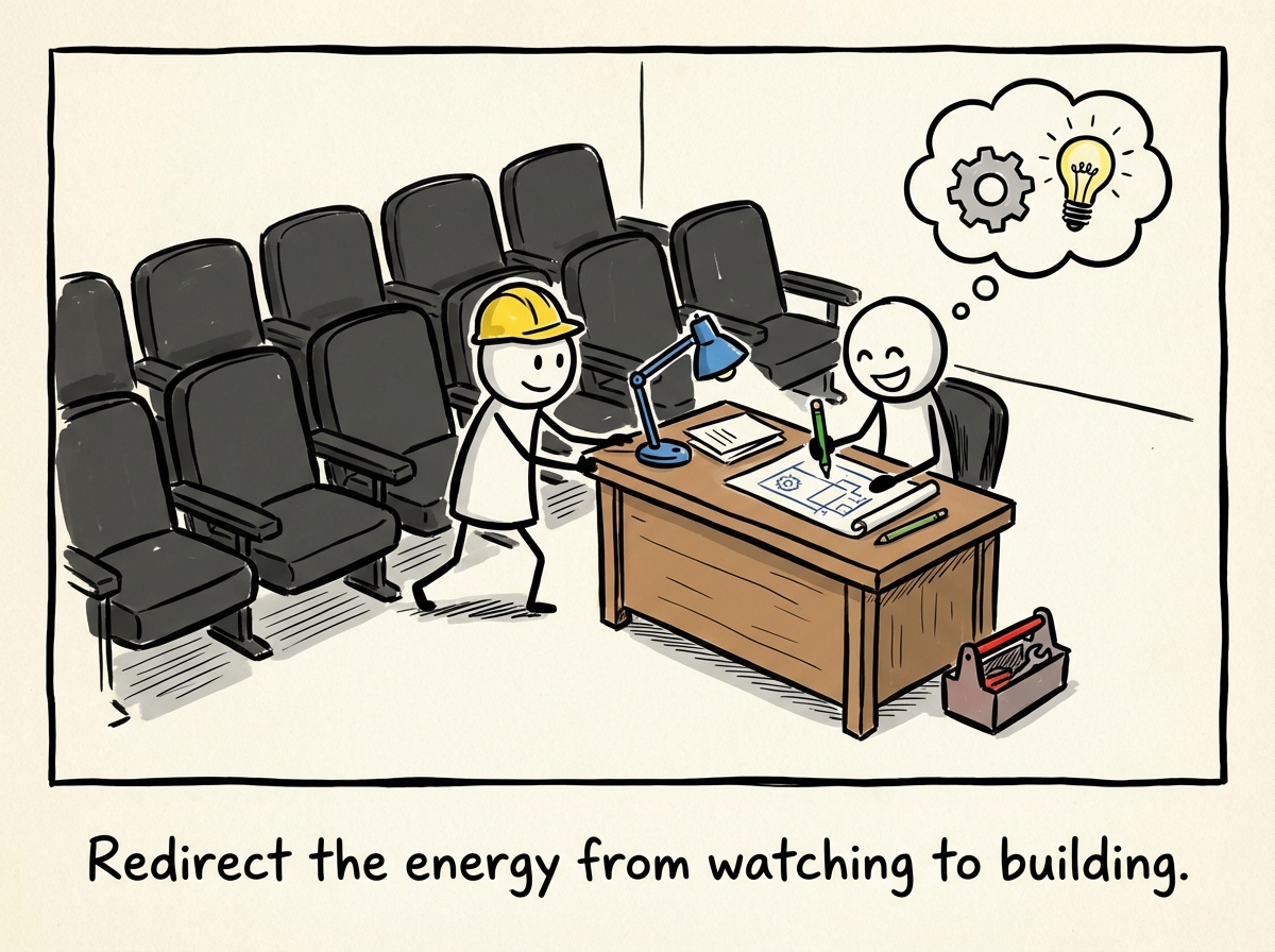 A stick figure replacing the theater seat with their own desk, working on their own project. The energy that was spent spectating is now building something. The room is warmer
