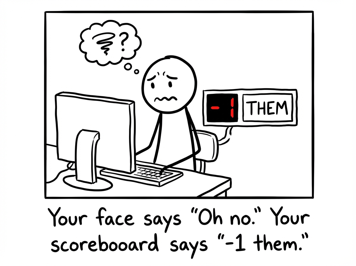 A stick figure at work hears that the coworker who got promoted made a big mistake. Their face shows concern. But behind their back, a hidden scoreboard ticks: 'Them: -1.' A tiny smirk hides behind the sympathetic mask