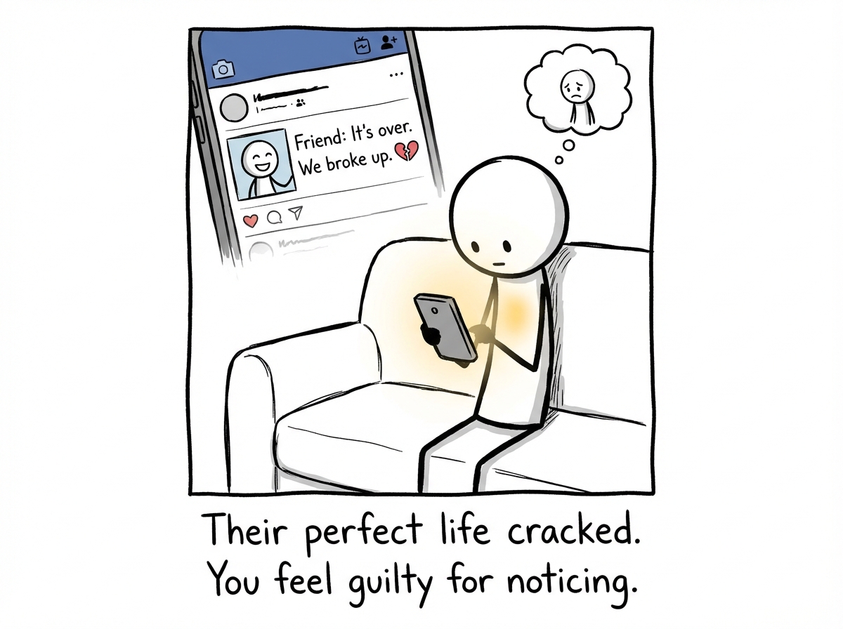 The stick figure scrolls social media and sees that the friend with the perfect life posted about a breakup. A brief glow of satisfaction. The scoreboard updates again. The figure feels guilty but cannot deny the relief