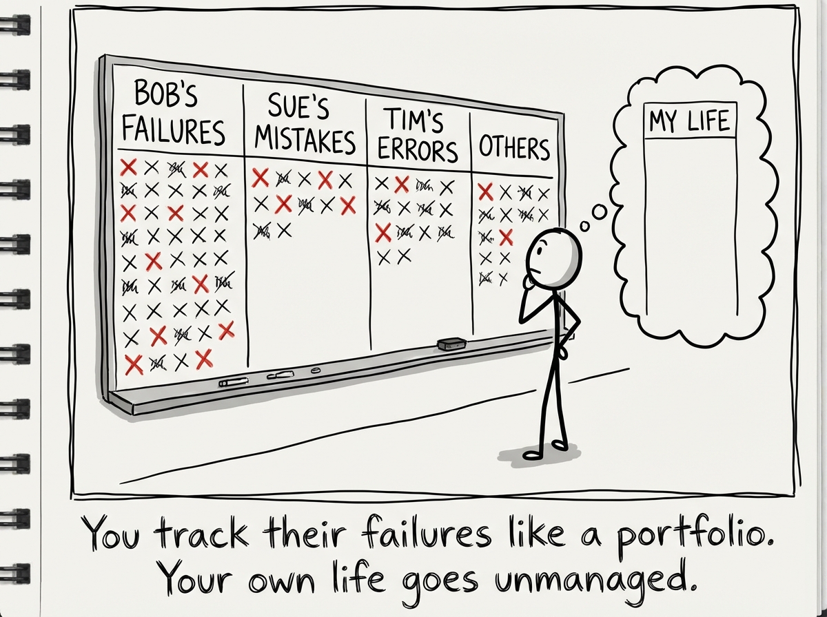 The secret scoreboard is now extensive, tracking multiple people's setbacks. The stick figure reviews it like a stock portfolio. Their own life column remains untouched. All the energy goes to tracking others
