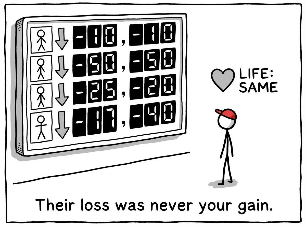 The stick figure sits alone with the scoreboard. Everyone else's numbers are down. But the figure's life is exactly the same as before. Nothing improved. A label reads 'Their loss was never your gain'