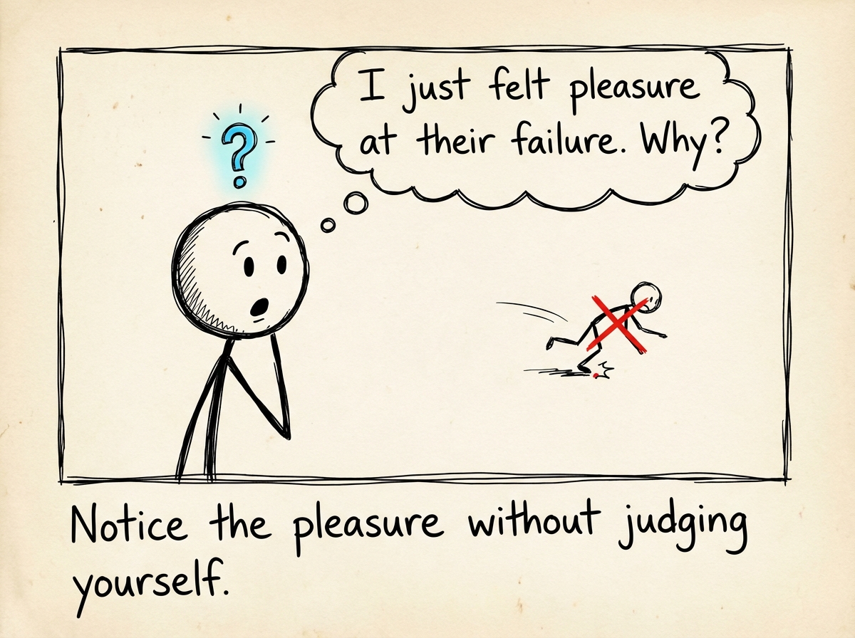 A stick figure noticing the schadenfreude in real time: 'I just felt pleasure at their failure. What does that tell me about me?' The awareness is uncomfortable but important