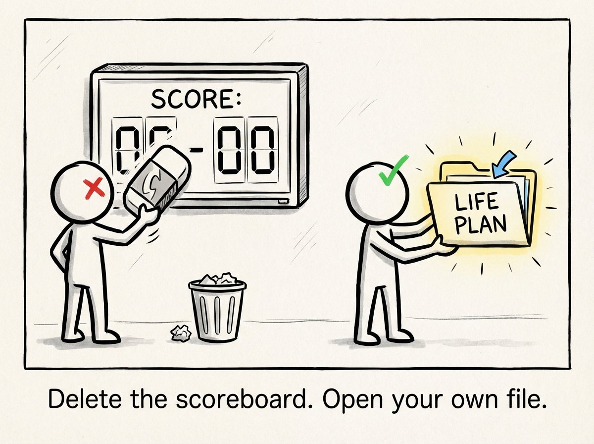 A stick figure deleting the scoreboard and opening their own life plan instead. The screen shifts from tracking others to building something personal