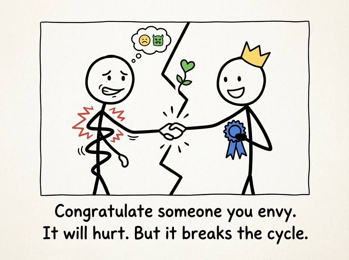 A stick figure choosing to congratulate someone whose success they envy. It hurts. But it breaks the cycle. The scoreboard flickers and dims