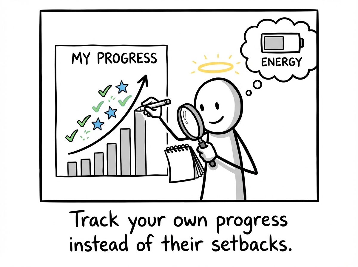 A stick figure investing their tracking energy into their own progress. Small wins accumulate. The satisfaction is quieter than schadenfreude but it lasts