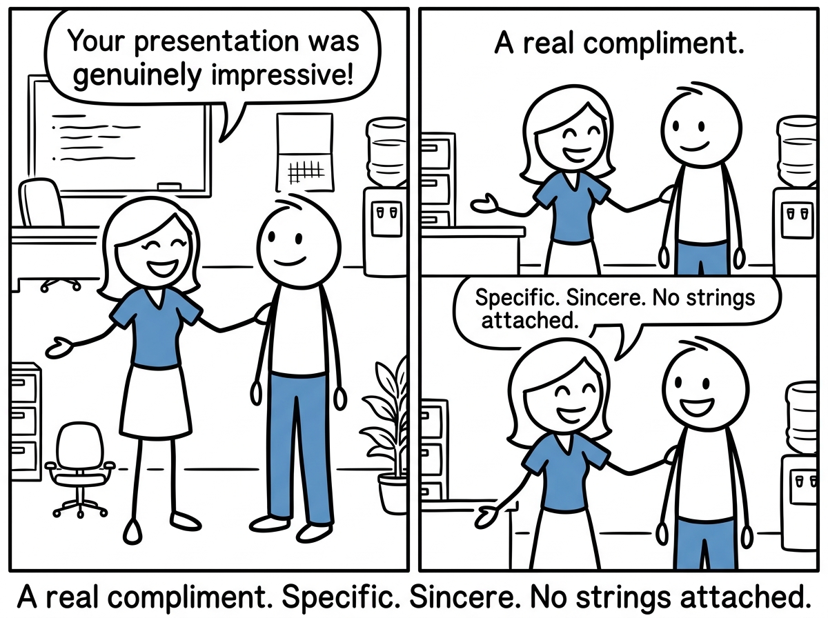 A coworker smiling and telling the stick figure 'Your presentation was genuinely impressive' with warm, sincere body language