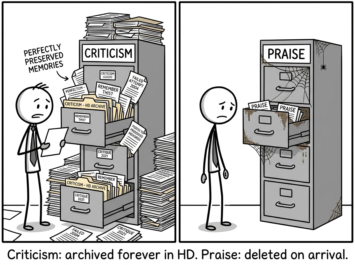 A contrast panel: on the left, a filing cabinet labeled 'CRITICISM' that is overflowing with perfectly preserved memories; on the right, a filing cabinet labeled 'PRAISE' that is nearly empty with cobwebs
